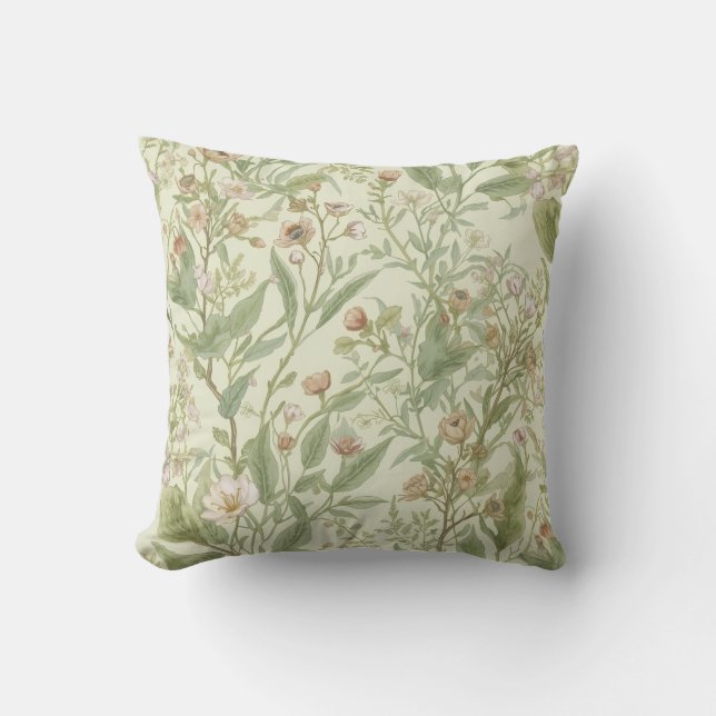 Soft Botanical Floral Sage Green Throw Pillow (Front)