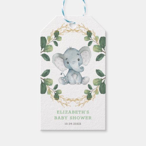 Soft Botanical Greenery Elephant Coed Baby Shower Gift Tags