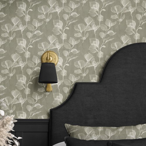 Soft Botanical Leaves On Olive Gray Wallpaper