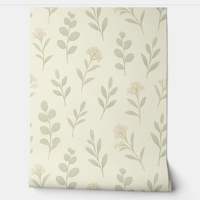Soft Botanical Nursery Wallpaper – Neutral Green L Wallpaper (Unrolling)
