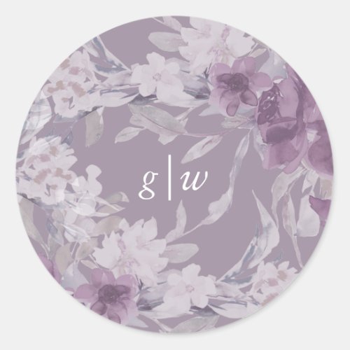 Soft Botanical Purple Floral Monogram Wedding Classic Round Sticker