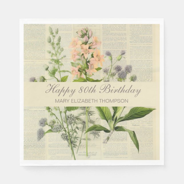 Soft Botanical Vintaqe Wildflower 80th Birthday Napkins (Front)