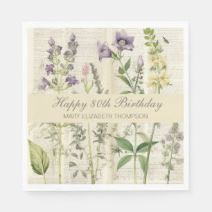 Soft Botanical Vintaqe Wildflower 80th Birthday Napkins