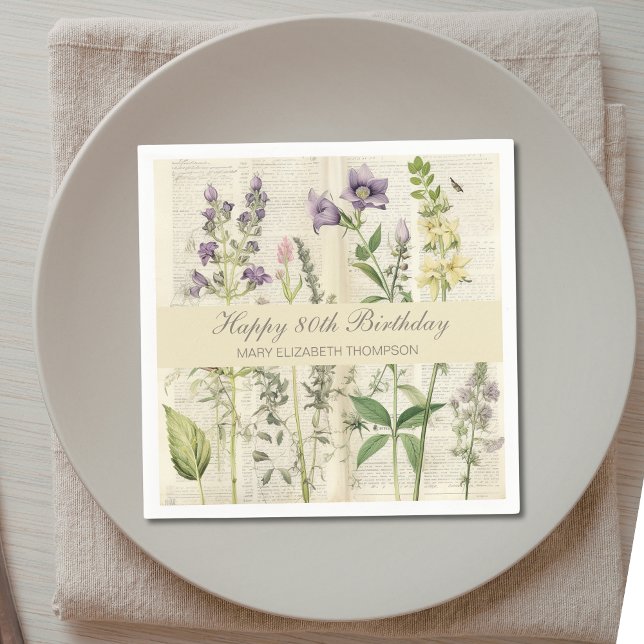 Soft Botanical Vintaqe Wildflower 80th Birthday Napkins (Creator Uploaded)