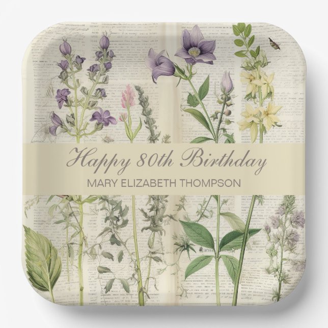 Soft Botanical Vintaqe Wildflower 80th Birthday Paper Plates (Front)