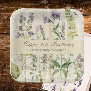 Soft Botanical Vintaqe Wildflower 80th Birthday Paper Plates