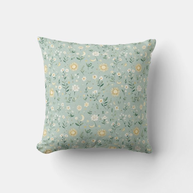 Soft Botanicals & Moon Phases Throw Pillow (Front)