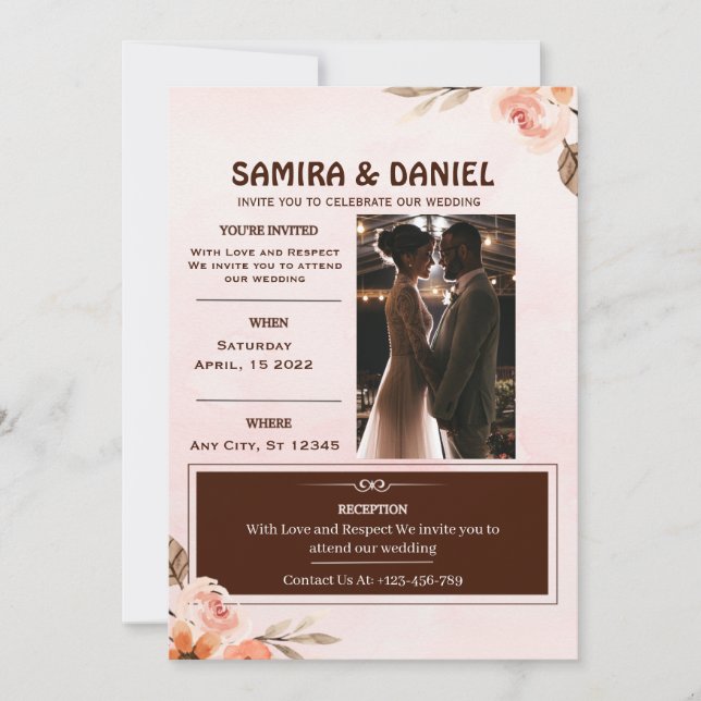  Soft Brown and Cream Rustic Floral Photo Invitation (Front)