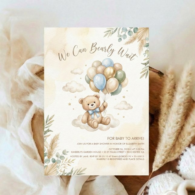 Soft Brown and Sage Balloon Teddy Bear Baby Shower Invitation (Creator Uploaded)