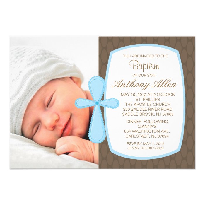 Soft Brown,Baby Blue Boys Photo Baptism Invitation