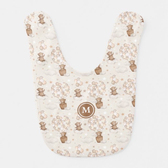 Soft Brown Beige Teddy Bear Balloons Clouds Stars Baby Bib (Front)
