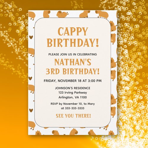 Soft Brown Capybara Kids Fun Cappy Birthday Invitation