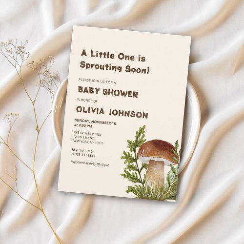 Soft Brown Mushroom Theme Baby Shower Invitation