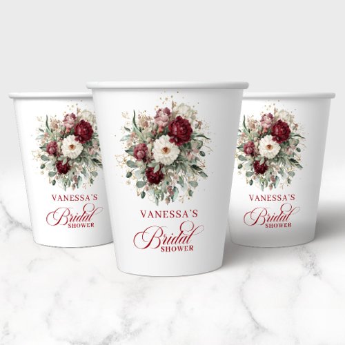 Soft Burgundy Floral Bridal Shower Paper Cups