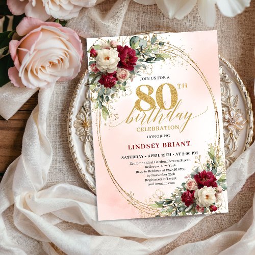 Soft Burgundy Floral Gold 80th Birthday Invitation