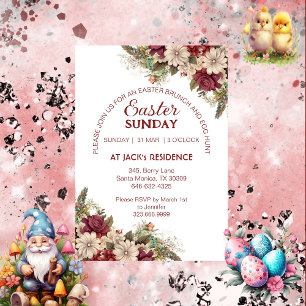 Soft Burgundy Rustic Roses Floral Easter Sunday  Invitation