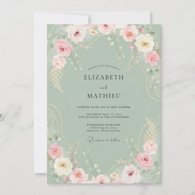 Soft Celadon Peony Wedding Invitation (Front)