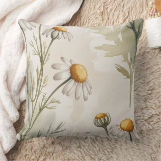 Soft Chamomile Meadow Watercolor Throw Pillow