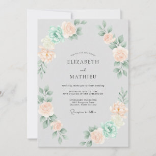 Soft Champagne Mint Wreath Wedding Invitation