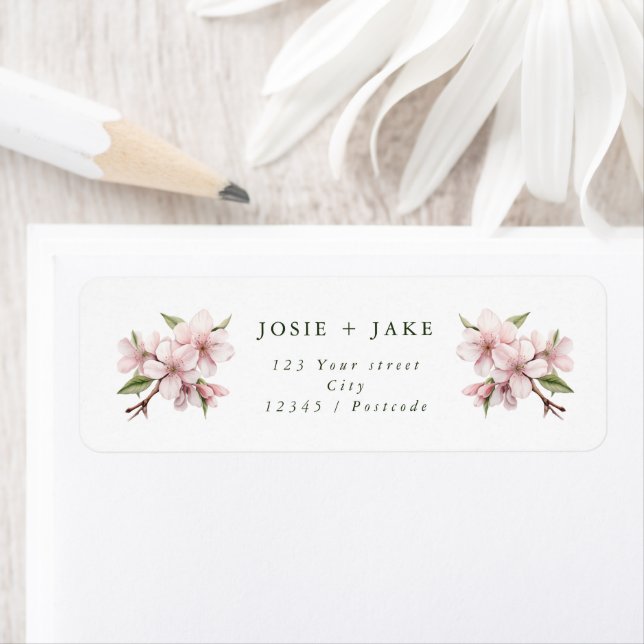 Soft cherry blossom pink flower address label (Insitu)
