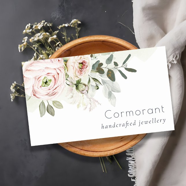 Soft Chic Blush Pink Peony Leafy Botanical Floral Business Card (Creator Uploaded)