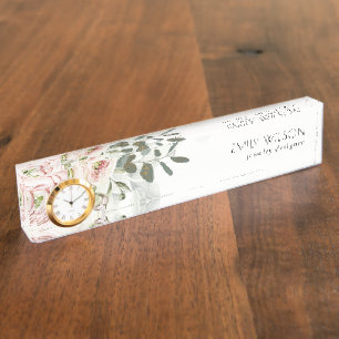 Soft Chic Blush Pink Peony Leafy Botanical Floral Desk Name Plate