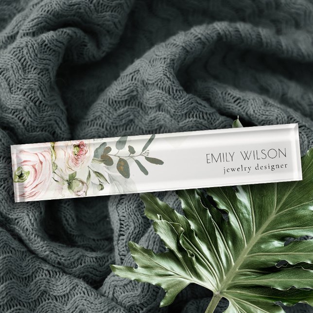 Soft Chic Blush Pink Peony Leafy Botanical Floral Desk Name Plate (Creator Uploaded)