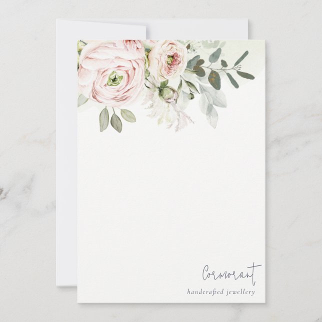 Soft Chic Blush Pink Peony Leafy Botanical Floral Note Card (Front)
