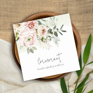 Soft Chic Blush Pink Peony Leafy Botanical Floral Square Business Card