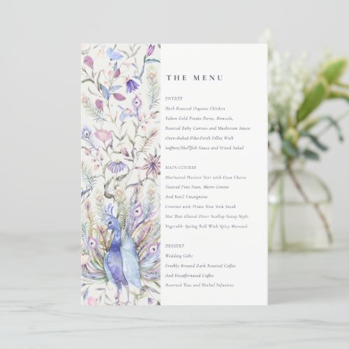 Soft Classy Ornate Watercolor Peacock Wedding Menu Invitation