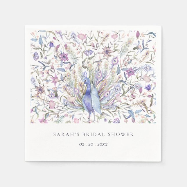 Soft Classy Watercolor Peacock Flora Bridal Shower Napkins (Front)