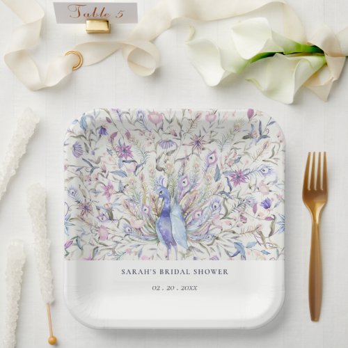 Soft Classy Watercolor Peacock Flora Bridal Shower Paper Plates