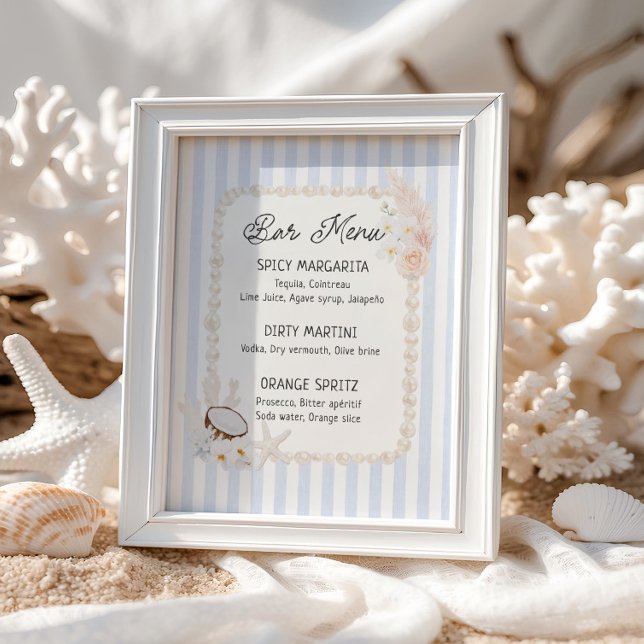 Soft Coastal Bridal Shower Bar Menu Poster (Creator Uploaded)