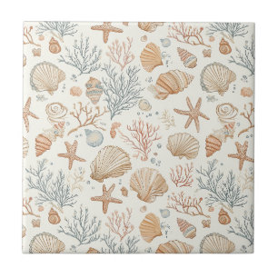 Soft Coastal Seashells & Coral Botanical Ceramic Tile