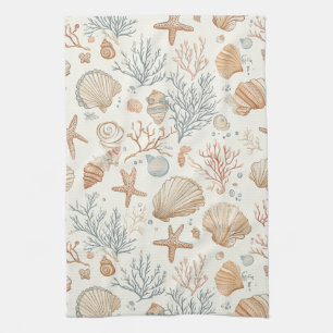 Soft Coastal Seashells & Coral Botanical Kitchen Towel