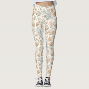 Soft Coastal Seashells & Coral Botanical Leggings