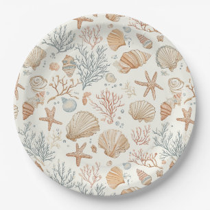 Soft Coastal Seashells & Coral Botanical Paper Plates