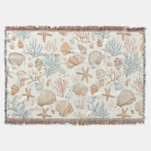 Soft Coastal Seashells & Coral Botanical Throw Blanket