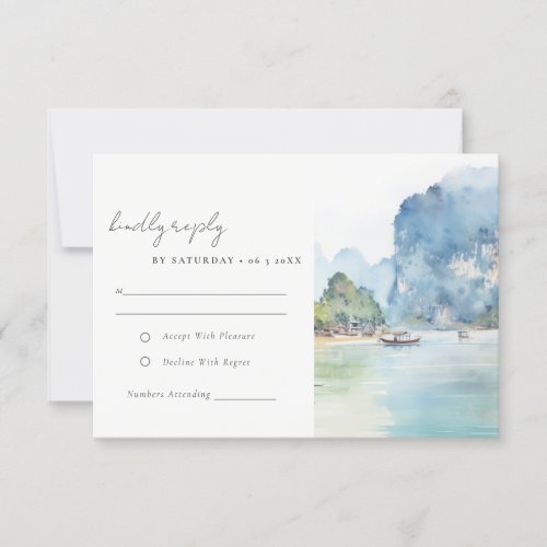 Soft Coastal Thailand Seascape Wedding Reception RSVP Card
