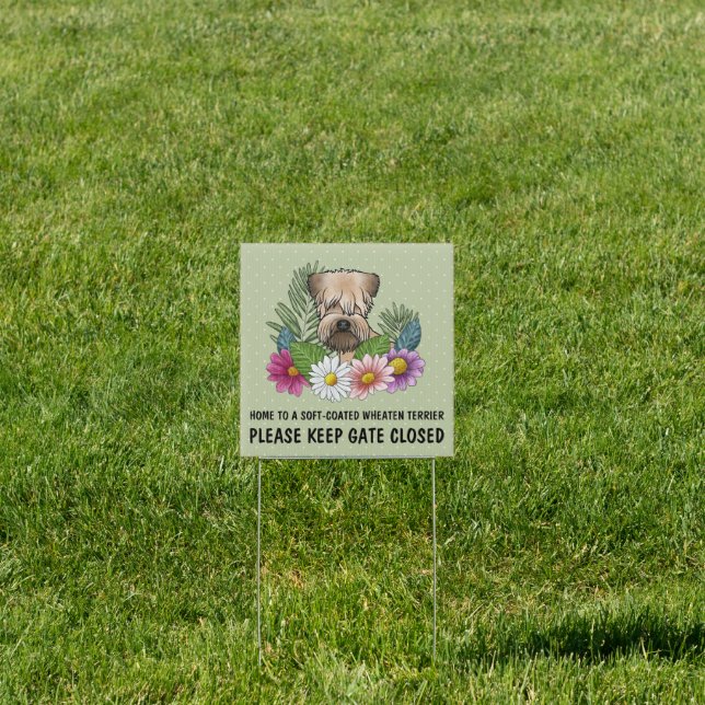 Soft-Coated Wheaten Terrier And Flowers Close Gate Sign (Insitu)