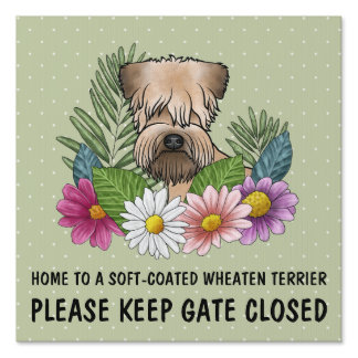 Soft-Coated Wheaten Terrier And Flowers Close Gate Sign