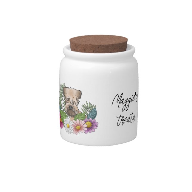 Soft-Coated Wheaten Terrier And Flowers Pet Treat Candy Jar (Front)
