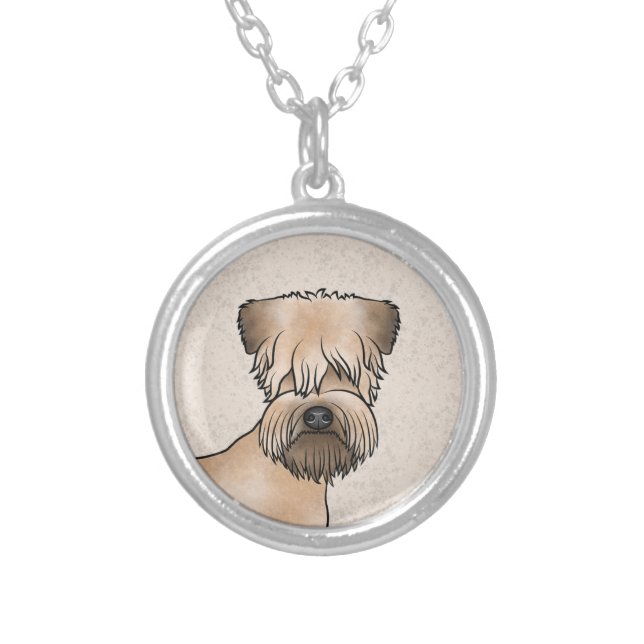 Soft-Coated Wheaten Terrier Cartoon Dog Head Beige Silver Plated Necklace (Front)