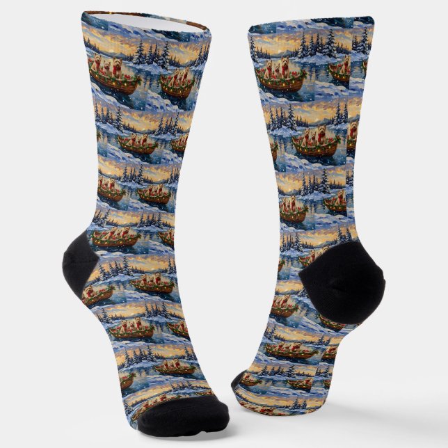 Soft Coated Wheaten Terrier Christmas Boat Holiday Socks (Angled)