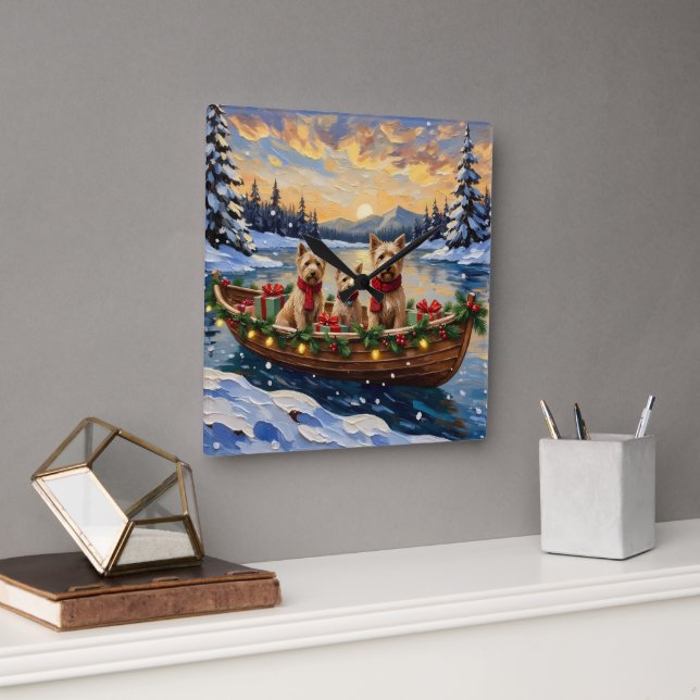 Soft Coated Wheaten Terrier Christmas Boat Holiday Square Wall Clock (Office)