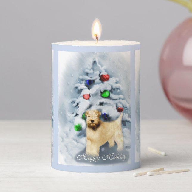 Soft Coated Wheaten Terrier Christmas Pillar Candle (In Situ)
