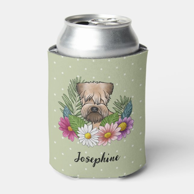 Soft-Coated Wheaten Terrier Colorful Flowers Green Can Cooler (Can Front)
