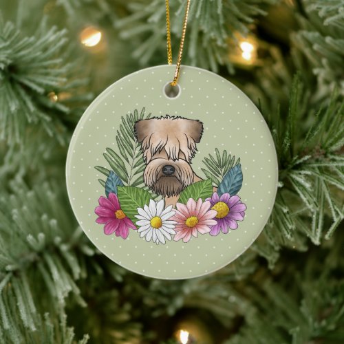 Soft_Coated Wheaten Terrier Colorful Flowers Green Ceramic Ornament