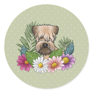 Soft-Coated Wheaten Terrier Colorful Flowers Green Classic Round Sticker