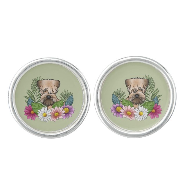 Soft-Coated Wheaten Terrier Colorful Flowers Green Cufflinks (Front)